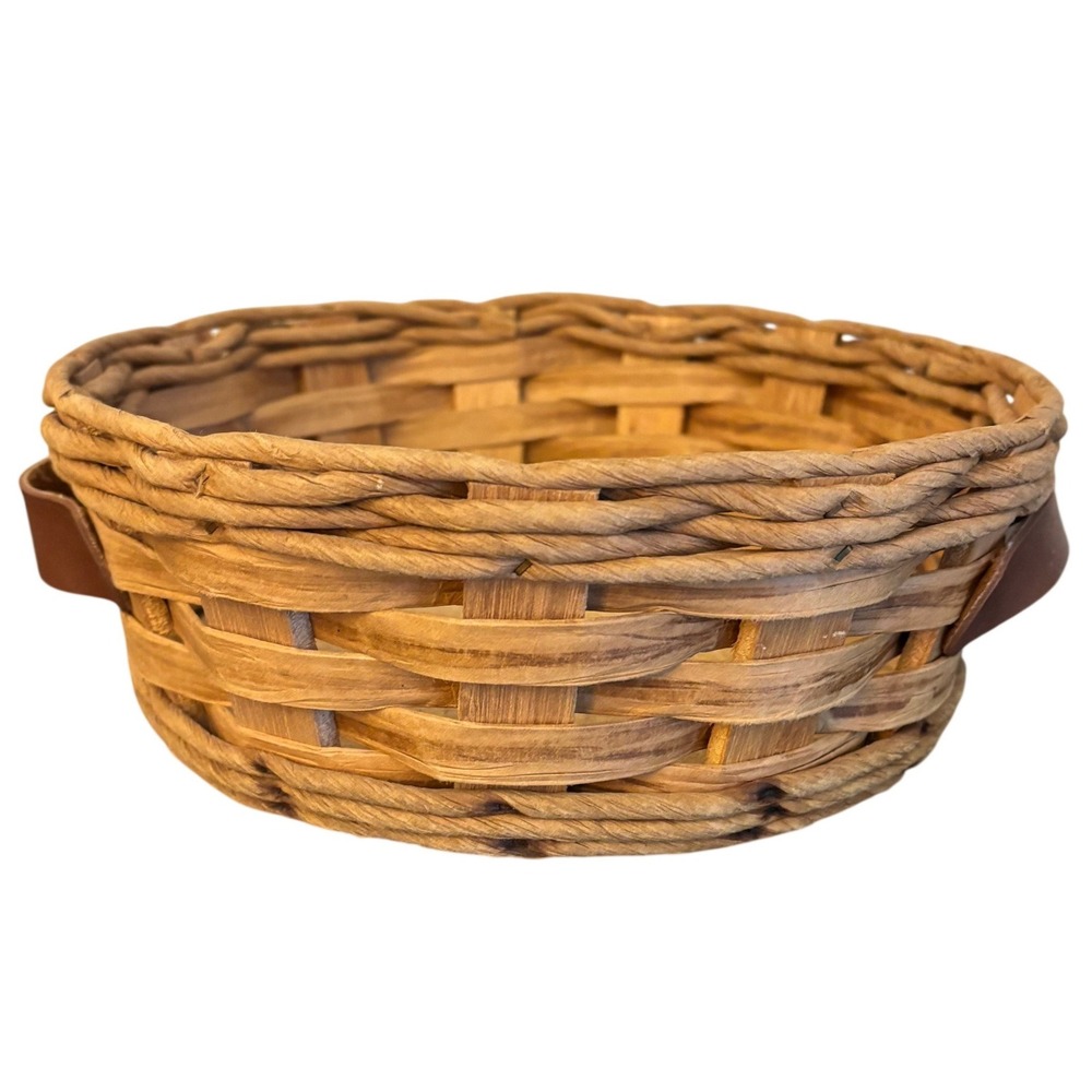 Vintage Pyrex Corning Round Basket | Casserole Carrier | Brown Leather Handles